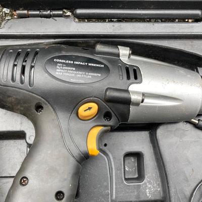 LOT 167G: Allegheny Cordless Impact Wrench and Battery in Storage Case, Metal Toolboxes with Contents and McGuire Nicholas Tool Belt