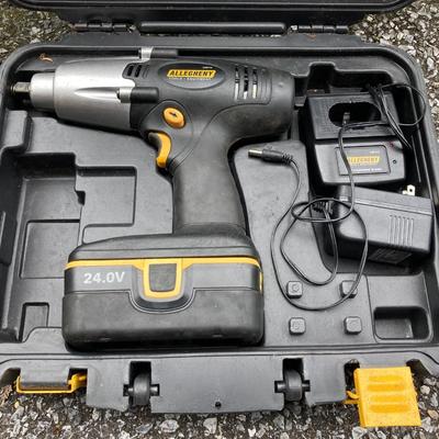 LOT 167G: Allegheny Cordless Impact Wrench and Battery in Storage Case, Metal Toolboxes with Contents and McGuire Nicholas Tool Belt