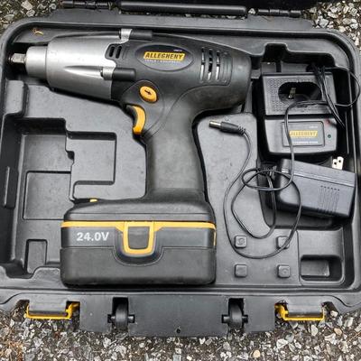 LOT 167G: Allegheny Cordless Impact Wrench and Battery in Storage Case, Metal Toolboxes with Contents and McGuire Nicholas Tool Belt