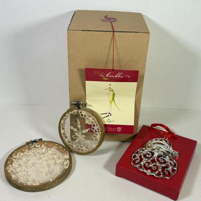 LOT 171K: Lenox Silverplate Scroll Santa Ornament w/ Box, Dept 56 Lizard Ornament w/ Box & Delicate Vintage Doilie Embroidered Ornaments