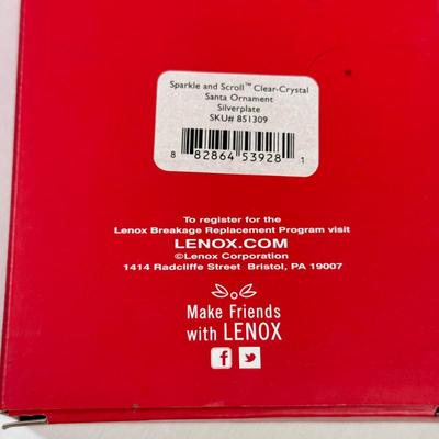 LOT 171K: Lenox Silverplate Scroll Santa Ornament w/ Box, Dept 56 Lizard Ornament w/ Box & Delicate Vintage Doilie Embroidered Ornaments