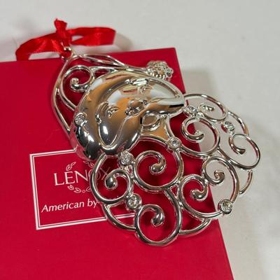 LOT 171K: Lenox Silverplate Scroll Santa Ornament w/ Box, Dept 56 Lizard Ornament w/ Box & Delicate Vintage Doilie Embroidered Ornaments