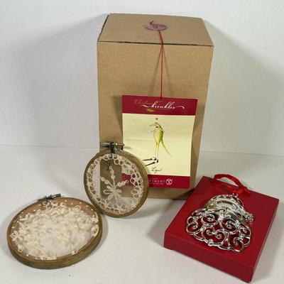 LOT 171K: Lenox Silverplate Scroll Santa Ornament w/ Box, Dept 56 Lizard Ornament w/ Box & Delicate Vintage Doilie Embroidered Ornaments
