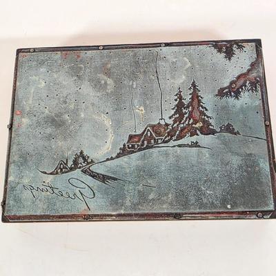 LOT 181D: Vintage Ceramic Blacksmith, Snow Covered Cottage Candle Holders, Pinecone Wall Pocket & Large Christmas Stamp Block
