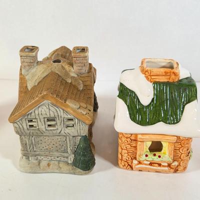 LOT 181D: Vintage Ceramic Blacksmith, Snow Covered Cottage Candle Holders, Pinecone Wall Pocket & Large Christmas Stamp Block