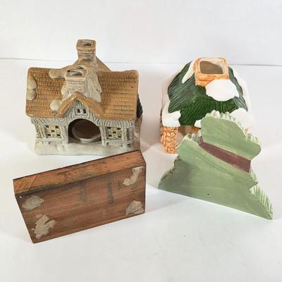 LOT 181D: Vintage Ceramic Blacksmith, Snow Covered Cottage Candle Holders, Pinecone Wall Pocket & Large Christmas Stamp Block