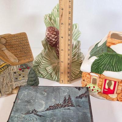 LOT 181D: Vintage Ceramic Blacksmith, Snow Covered Cottage Candle Holders, Pinecone Wall Pocket & Large Christmas Stamp Block