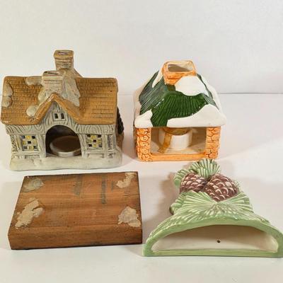LOT 181D: Vintage Ceramic Blacksmith, Snow Covered Cottage Candle Holders, Pinecone Wall Pocket & Large Christmas Stamp Block