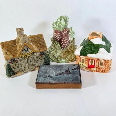 LOT 181D: Vintage Ceramic Blacksmith, Snow Covered Cottage Candle Holders, Pinecone Wall Pocket & Large Christmas Stamp Block