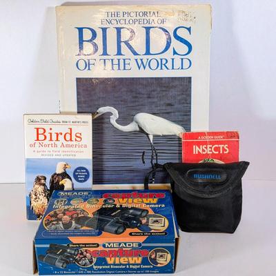 LOT 183D: Bushnell 8X23 Binoculars W/Soft Case, Meade Integrated Binocular & Digital Camera With Bird & Insect Books/Guides