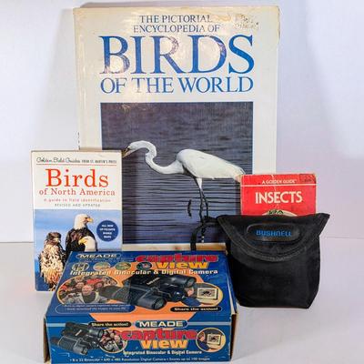 LOT 183D: Bushnell 8X23 Binoculars W/Soft Case, Meade Integrated Binocular & Digital Camera With Bird & Insect Books/Guides