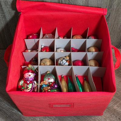 LOT 184D: Christmas Ornament Storage Tote, Filled With Beautiful Ornaments, Including Vintage Mickey/Minnie Christmas Ball