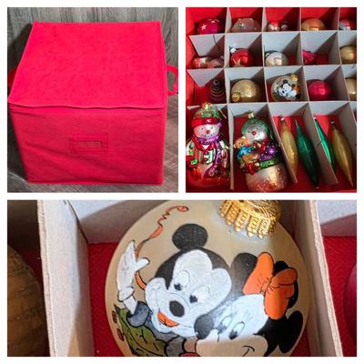 LOT 184D: Christmas Ornament Storage Tote, Filled With Beautiful Ornaments, Including Vintage Mickey/Minnie Christmas Ball