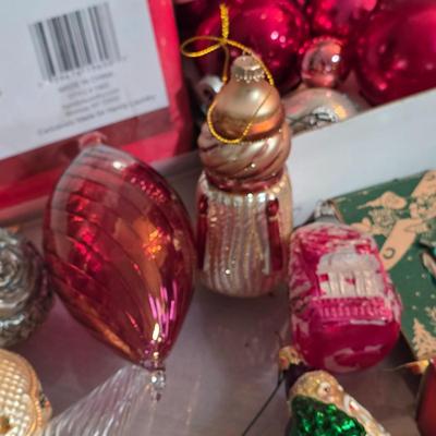 LOT 185F: Large Lot Of Vintage Glass/Wooden Christmas Ornaments & New In Bag Ornament Storage Box