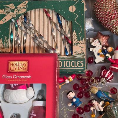 LOT 185F: Large Lot Of Vintage Glass/Wooden Christmas Ornaments & New In Bag Ornament Storage Box