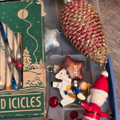 LOT 185F: Large Lot Of Vintage Glass/Wooden Christmas Ornaments & New In Bag Ornament Storage Box