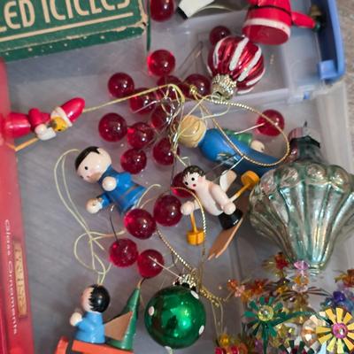 LOT 185F: Large Lot Of Vintage Glass/Wooden Christmas Ornaments & New In Bag Ornament Storage Box