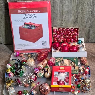 LOT 185F: Large Lot Of Vintage Glass/Wooden Christmas Ornaments & New In Bag Ornament Storage Box