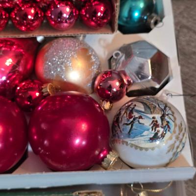LOT 185F: Large Lot Of Vintage Glass/Wooden Christmas Ornaments & New In Bag Ornament Storage Box