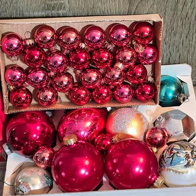 LOT 185F: Large Lot Of Vintage Glass/Wooden Christmas Ornaments & New In Bag Ornament Storage Box