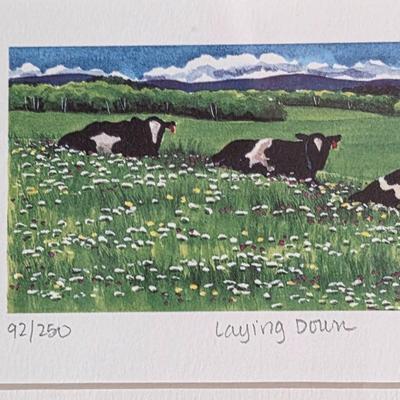 LOT 186L: Vintage Framed Signed Landscape/Farming & Cows In Field WaterColor by Deborah Holmes With Metal Farm Animal Wall Hanging