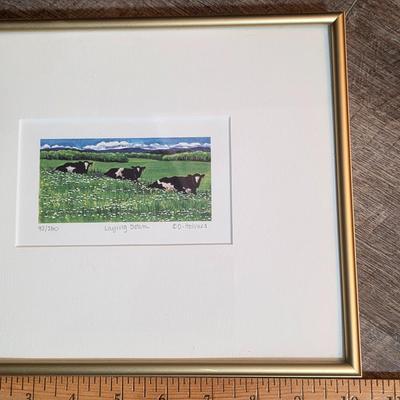 LOT 186L: Vintage Framed Signed Landscape/Farming & Cows In Field WaterColor by Deborah Holmes With Metal Farm Animal Wall Hanging