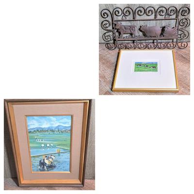 LOT 186L: Vintage Framed Signed Landscape/Farming & Cows In Field WaterColor by Deborah Holmes With Metal Farm Animal Wall Hanging
