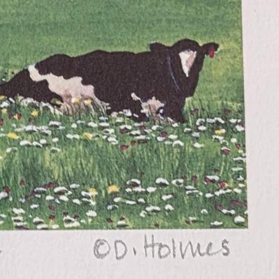 LOT 186L: Vintage Framed Signed Landscape/Farming & Cows In Field WaterColor by Deborah Holmes With Metal Farm Animal Wall Hanging