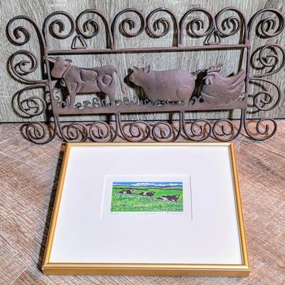 LOT 186L: Vintage Framed Signed Landscape/Farming & Cows In Field WaterColor by Deborah Holmes With Metal Farm Animal Wall Hanging