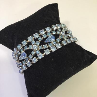 Beautiful vintage ice, blue crystal rhinestone bracelet with safety chain