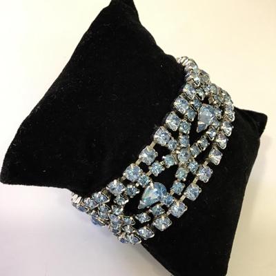 Beautiful vintage ice, blue crystal rhinestone bracelet with safety chain