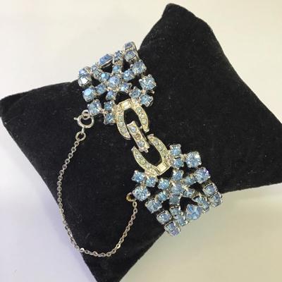 Beautiful vintage ice, blue crystal rhinestone bracelet with safety chain