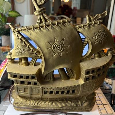 Vintage White Metal Painted Gold Clipper Ship Night Light 12" Tall in Good Preowned Condition (Untested Light Fixture).