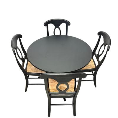 Sale Photo Thumbnail #902: Comes with 4 straw seat chairs
Measurements:
Chairs - 38" in height, 18" width, 15.5" depth
Table - 39.5" in diameter, 29" in height