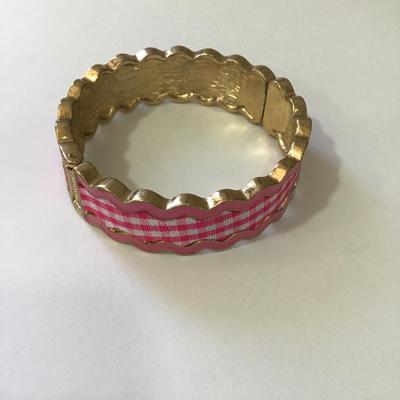 Pink and gold, toned enamel plaid bangle bracelet
