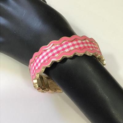 Pink and gold, toned enamel plaid bangle bracelet