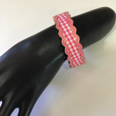 Pink and gold, toned enamel plaid bangle bracelet