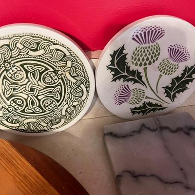 Mixed Trivet Lot - Scottish Ceramic, Wood, Silver Plated