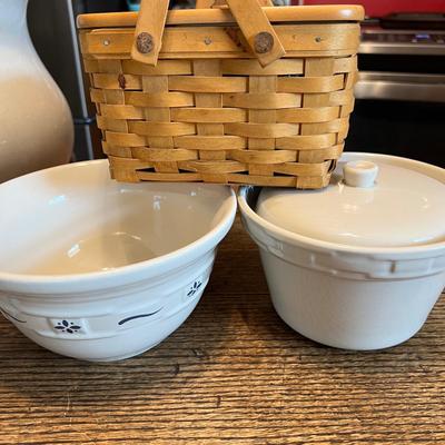 Big Kitchenware Pottery Ceramic Lot - Cuisinart, Hall, Homer Laughlin, Longaberger, Edwin Bennett