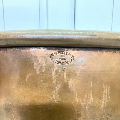 Sale Photo Thumbnail #915: Made in 1801 North 8th Street Philadelphia 
7 Gallon with Wrought Iron Stand
Measurements:
23.5" in diameter, 10" in height, with stand it is 21" in height