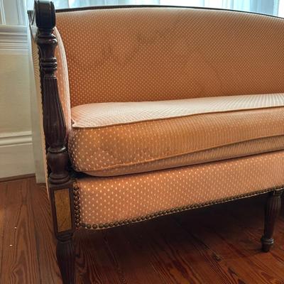 Hickory Chair Camelback Sofa with Carved Wood Frame