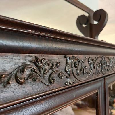 Antique Ornate Carved Wood Cabinet w Mirror Mantle