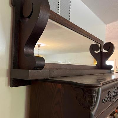 Antique Ornate Carved Wood Cabinet w Mirror Mantle