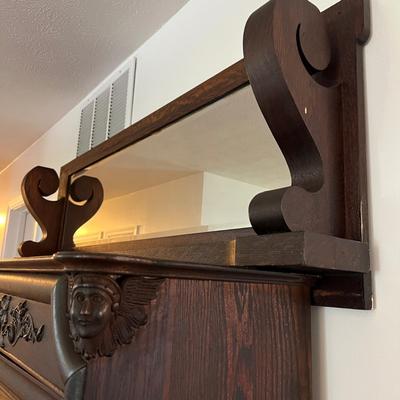 Antique Ornate Carved Wood Cabinet w Mirror Mantle