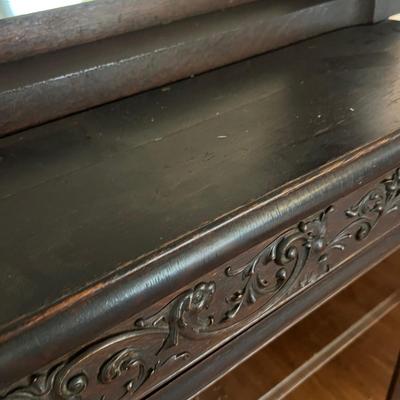 Antique Ornate Carved Wood Cabinet w Mirror Mantle