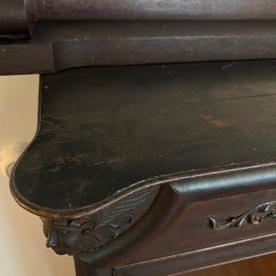 Antique Ornate Carved Wood Cabinet w Mirror Mantle