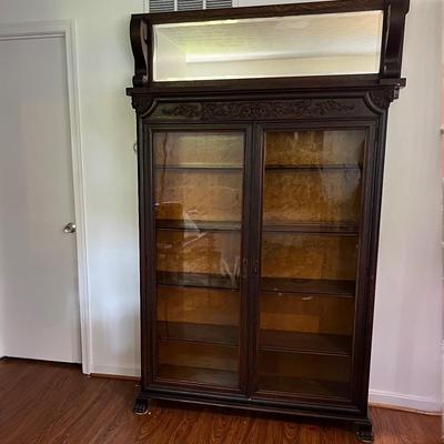 Antique Ornate Carved Wood Cabinet w Mirror Mantle