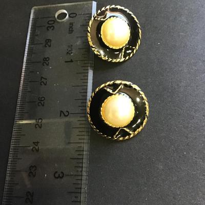 Gold tone faux pearl black enameled earrings
