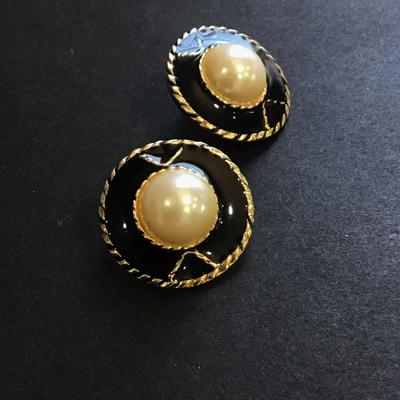 Gold tone faux pearl black enameled earrings