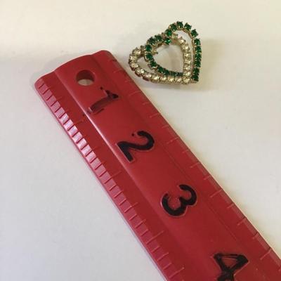 Vintage Green clear, rhinestone, heart brooch